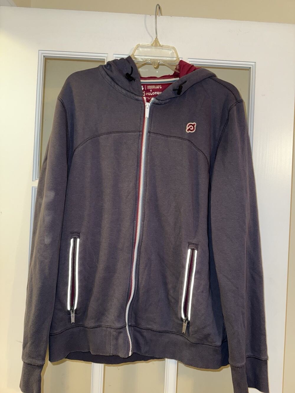Four Laps x Peloton Full Zip Hoodie Sweatshirt Jacket Mens LG Gray Stretch Soft